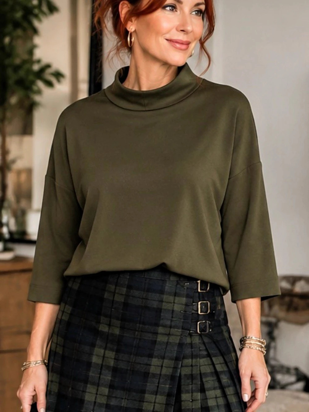 Halston Mock Neck Boxy Top Olive Green Size Large NWT